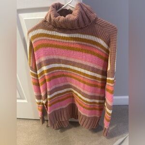 Aerie Pink XS Multicolored Sunset Striped Slouchy Chenille Turtleneck Sweater